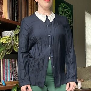 Carven Navy Button-Up Blouse with Creamy White Collar